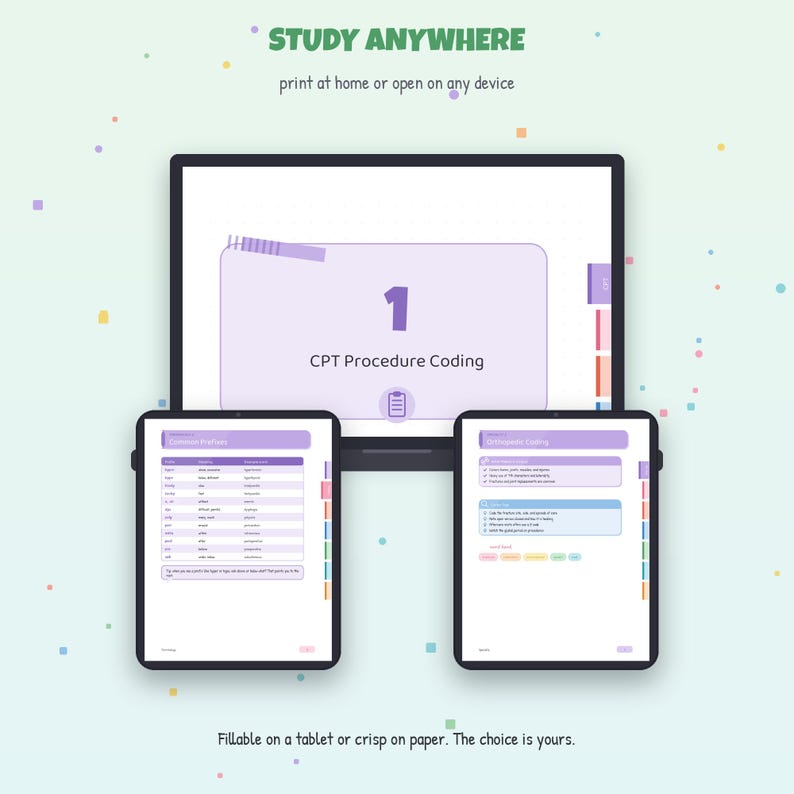 Op de afbeelding: Een digitale studiegids weergegeven op een laptop en twee tablets. De tekst op het scherm luidt STUDY ANYWHERE, print at home or open on any device, 1 CPT Procedure Coding, Common Prefixes en Orthopedic Coding. De onderste tekst luidt Fillable on a tablet or crisp on paper. The choice is yours.