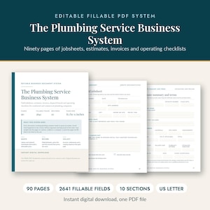 Könnte beinhalten: Ein bearbeitbares, ausfüllbares PDF-System mit dem Titel The Plumbing Service Business System, das 90 Seiten mit Arbeitsblättern, Kostenvoranschlägen, Rechnungen und Checklisten enthält. Das Dokument umfasst 2641 ausfüllbare Felder in 10 Abschnitten im Format 21,59 x 27,94 cm.