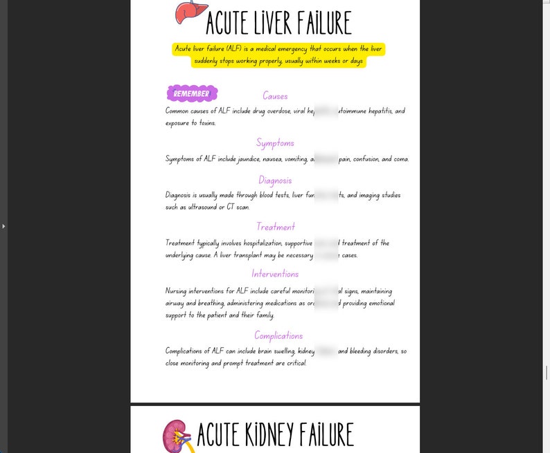 May include: A medical infographic about acute liver failure (ALF) with a cartoon illustration of a liver. The infographic includes information about causes, symptoms, diagnosis, treatment, interventions, and complications of ALF.