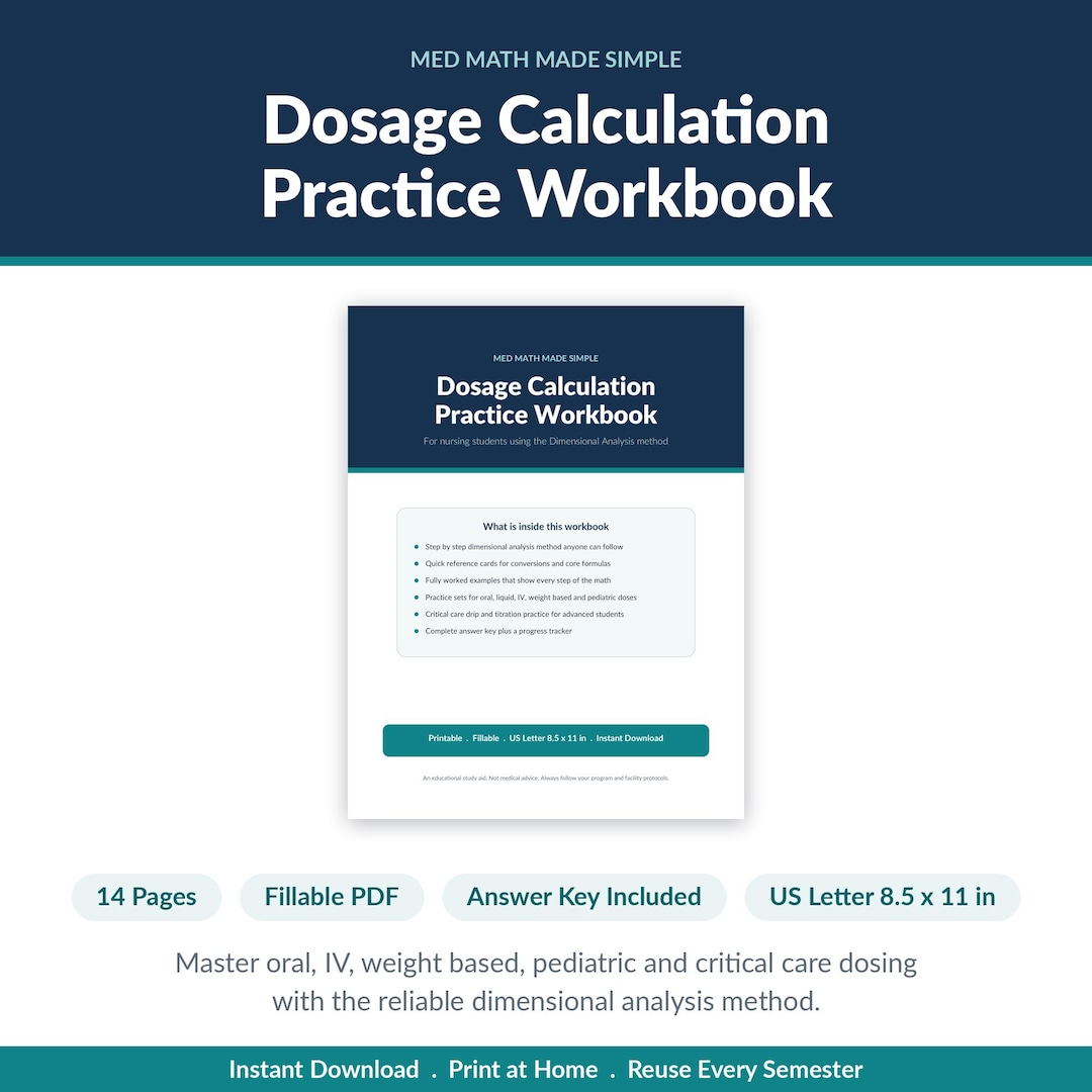 Dimensional Analysis Iv Math Problems Nursing Dosage Calculation Practice Workbook, Med Math Printable Study ...