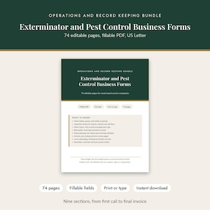 May include: A digital bundle of Exterminator and Pest Control Business Forms featuring 74 editable pages in US Letter size. The document includes fillable PDF fields for client intake, inspection sheets, work orders, invoices, and route planning.