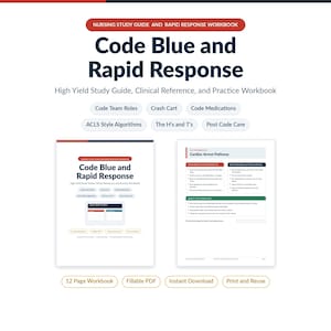 May include: A nursing study guide and rapid response workbook titled Code Blue and Rapid Response. The document includes sections on code team roles, crash carts, code medications, ACLS style algorithms, the H's and T's, and post code care.