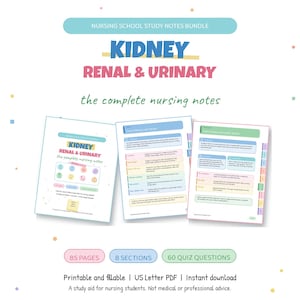 Pode incluir: Um pacote de notas de estudo para a escola de enfermagem intitulado Kidney Renal & Urinary, the complete nursing notes. O documento inclui 85 páginas, 8 seções e 60 perguntas de quiz. É um PDF imprimível e preenchível para estudantes.