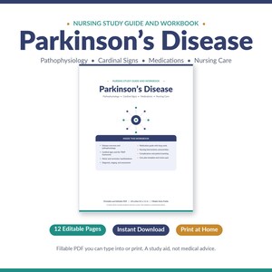 Parkinsons Disease Nursing Study Guide and Workbook, Editable Printable PDF, Med Surg Neurology Notes, Nursing School Students, RN LPN