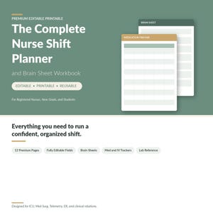 Nurse Shift Planner Printable, Brain Sheet, Med Tracker, IV Drip Log, Hourly Timeline, SBAR Handoff, Lab Values, Editable PDF Workbook