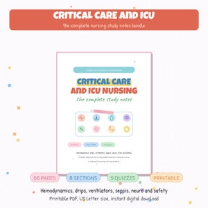 May include: A digital study guide titled Critical Care and ICU Nursing, the complete study notes. The document features a white background with pastel icons, text detailing 66 pages, 8 sections, and 5 quizzes, plus topics like hemodynamics, drips, ventilators, sepsis, neuro, and safety.