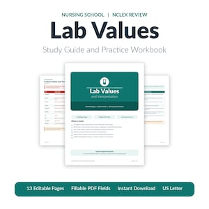 May include: A nursing school NCLEX review lab values study guide and practice workbook. The document features a dark teal header with a test tube icon, the text Lab Values and Interpretation, and a list of contents including normal ranges.