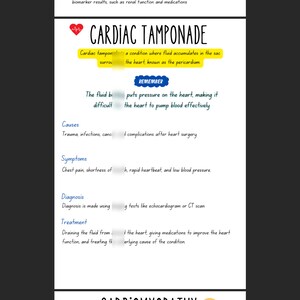 May include: A medical infographic titled "Cardiac Tamponade" explains the condition where fluid accumulates in the sac surrounding the heart, known as the pericardium. It lists the causes, symptoms, diagnosis, and treatment of this condition.