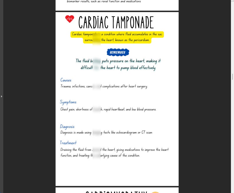 May include: A medical infographic titled "Cardiac Tamponade" explains the condition where fluid accumulates in the sac surrounding the heart, known as the pericardium. It lists the causes, symptoms, diagnosis, and treatment of this condition.