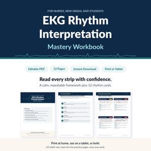 May include: An EKG Rhythm Interpretation Mastery Workbook for nurses, students, and new grads. This 12-page digital document includes a 3-step framework, rhythm cards, and practice pages. It is an editable PDF in US Letter size for print or tablet.