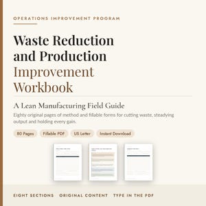 May include: Operations Improvement Program Waste Reduction and Production Improvement Workbook, a Lean Manufacturing Field Guide. This 80-page fillable PDF in US Letter format includes eight sections, original content, and type-in fields for tracking.