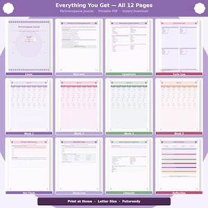Puede incluir: Un diario de la perimenopausia imprimible en PDF, con 12 páginas. El diario incluye secciones para síntomas, registros de ciclo y seguimiento semanal. La portada es lavanda con un diseño floral. El texto "Everything You Get - All 12 Pages" está en la parte superior.