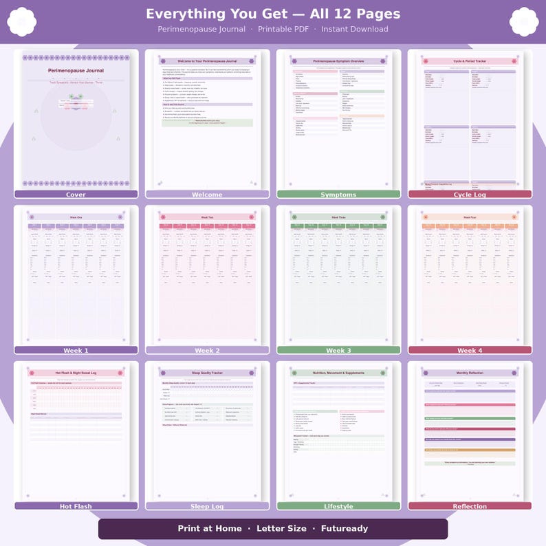 May include: A printable PDF perimenopause journal with 12 pages. The journal includes sections for symptoms, cycle logs, and weekly tracking. The cover is lavender with a floral design. The text "Everything You Get - All 12 Pages" is at the top.