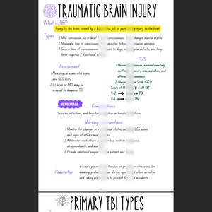 May include: A colorful infographic about Traumatic Brain Injury (TBI) with the title "Traumatic Brain Injury" in large, bold, green letters. The infographic includes information about the types of TBI, assessment, complications, nursing interventions, prevention, and primary TBI types.