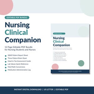 May include: A digital PDF bundle titled "Nursing Clinical Companion" for nursing students and nurses. The cover features the title in teal and black, with a list of included sheets and guides. Includes SBAR report, brain sheet, and lab value references.