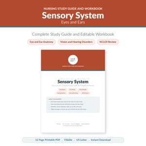 Puede incluir: Una guía de estudio y libro de ejercicios de enfermería titulado Sensory System: Eyes and Ears. Incluye secciones sobre anatomía ocular y auditiva, trastornos de la visión y audición, y repaso NCLEX. Es un PDF imprimible de 21,6 x 27,9 cm con páginas rellenables.