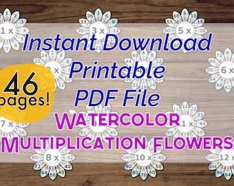 Può includere: Un set di 46 tabelle di moltiplicazione di fiori ad acquerello stampabili. Le tabelle presentano un design a forma di fiore con numeri da 1 a 12 attorno ai petali. Le tabelle sono etichettate con le tabelle di moltiplicazione da 1x a 12x. Download immediato File PDF stampabile.