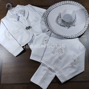 Elegant 6 piece Boy Charro Outfit -SIZE 6 Years- Embroidery-Traje de Charro para nino-White/Silver-Beige/Gold