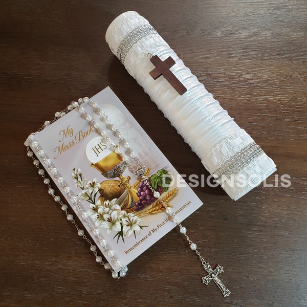 Elegant 3 Piece First Communion Candle Set in ENGLISH/Vela para Primera Comunion/White-Silver/Holy First Communion in ENGLISH HANDMADE