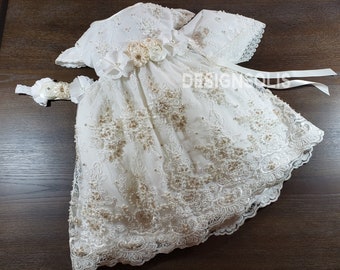 Elegant and Beautiful 3 piece Beige Baptism Dress/ SIZE 2 YEARS/Vestido de BAUTIZO/Christening Gown Girl/ Baptism Dress/ Flower girl dress