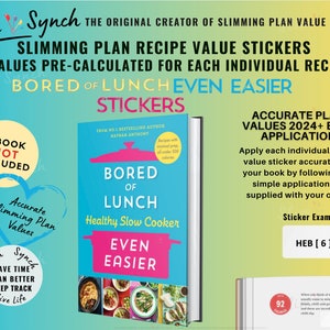 Puede incluir: Imagen de un libro titulado "Bored of Lunch" con el texto "Healthy Slow Cooker" y "Even Easier". La imagen también incluye pegatinas con valores precalculados para recetas y el texto "Accurate Slimming Plan Values 2024+ Easy Application."