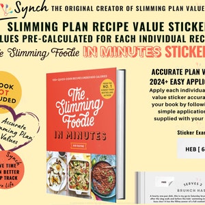 Puede incluir: Un libro amarillo y rojo titulado "The Slimming Foodie in Minutes" con una imagen de una comida en la portada. El libro está rodeado de un fondo amarillo con texto que dice "Slimming Plan Recipe Value Stickers" y "Values Pre-Calculated for Each Individual Recipe". Hay un círculo rojo con el texto "Attention Please! Book Not Included" y un corazón con el texto "Accurate Slimming Plan Values".