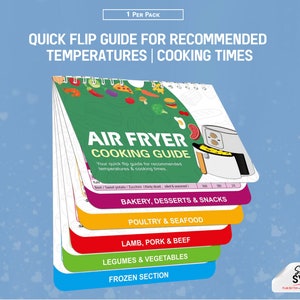 Op de afbeelding: Een kleurrijke spiraalgebonden gids voor kooktijden en temperaturen in de airfryer. De gids is onderverdeeld in secties voor bakkerij, desserts & snacks, gevogelte & zeevruchten, lamsvlees, varkensvlees & rundvlees, peulvruchten & groenten en diepvriesproducten. De omslag toont een illustratie van een airfryer en de tekst "Air Fryer Cooking Guide".