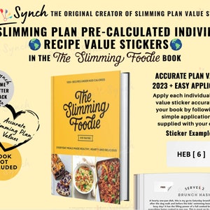 Puede incluir: Un libro amarillo y blanco titulado "The Slimming Foodie" con una imagen de comida en la portada. El libro está al lado de un círculo blanco con el texto "Accurate Slimming Plan Values" y un globo terráqueo verde. El texto "Slim Synch" está en la parte superior de la imagen. El texto "HEB [6]" está en un rectángulo blanco con un borde negro.