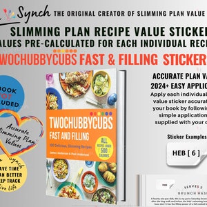 Puede incluir: Un conjunto de pegatinas de valor de receta para el libro de cocina Two Chubby Cubs Fast & Filling. Las pegatinas están diseñadas para aplicarse al libro de cocina para ayudar a los usuarios a controlar su ingesta calórica. Las pegatinas están etiquetadas con el nombre de la receta y el número de calorías por porción. Las pegatinas están disponibles en una variedad de colores y diseños. La imagen también muestra un primer plano de la portada del libro de cocina, que presenta una imagen colorida de comida.