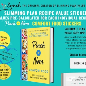 Puede incluir: Un conjunto de pegatinas de valor de receta coloridas para el libro de cocina Pinch of Nom Comfort Food. Las pegatinas están precalculadas para cada receta individual y son fáciles de aplicar. Las pegatinas están diseñadas para ayudar a las personas a seguir el plan de adelgazamiento Pinch of Nom.