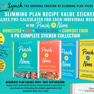 Puede incluir: Imagen promocional de pegatinas de valor de recetas Slim Synch. La imagen presenta cuatro libros de cocina titulados "Pinch of Nom" en varios colores. El texto incluye "Pegatinas de valor de recetas para adelgazar" y "4 PK Complete Sticker Collection".