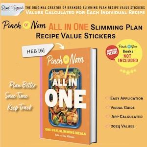 Puede incluir: Una hoja de pegatinas amarilla y rosa con el texto "Pinch of Nom All in One Slimming Plan Recipe Value Stickers" y una imagen de un libro de cocina con el título "All in One" y el texto "One-Pan, Slimming Meals".