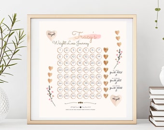 May include: A framed print with a gold frame, titled "Tracy's Weight Loss Journey". It features a grid of numbered circles and heart-shaped markers. Text includes "Starting Weight" and "Target Weight". The print is in a gold frame.