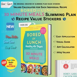 Puede incluir: Una portada de libro amarilla y blanca con el título "Bored of Lunch: Healthy Air Fryer 30 Minute Meals". El libro está abierto para revelar una variedad colorida de alimentos. La portada también presenta el texto "From Million Copy Bestseller Nathan Anthony".