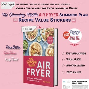 Puede incluir: Un fondo rosa y blanco con una portada de libro para el libro de cocina "The Slimming Foodie Air Fryer". La portada del libro presenta una foto de comida y el título en letras grandes y en negrita. El texto "HEB [6]" está en un cuadro blanco en la esquina superior izquierda de la imagen. El texto "Slimming Foodie Book Not Included" está en un círculo rojo con un borde blanco en la esquina superior derecha de la imagen. El texto "Plan Better Save Time Keep Track" está en un cuadro blanco en el lado izquierdo de la imagen. El texto "Easy Application Visual Guide App Calculated 2025 Values" está en un cuadro blanco en el lado derecho de la imagen. El texto "Worcestershire Roast Beef" está en un cuadro blanco en la esquina inferior derecha de la imagen.