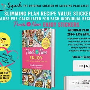 Puede incluir: Un libro azul y blanco titulado "Pinch of Nom Enjoy" con una imagen de comida en la portada. El libro está al lado de una pegatina azul y blanca con el texto "HEB [6]" y el texto "Super Simple Chicken Curry". El texto "Accurate Plan Values 2024+ Easy Application" también es visible.
