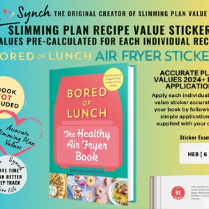 Puede incluir: Un conjunto de pegatinas de valor de receta coloridas para un libro de cocina de freidora de aire titulado "Bored of Lunch: The Healthy Air Fryer Book" de Kathan Anthony. Las pegatinas están precalculadas para cada receta individual e incluyen los valores para 2024. Las pegatinas están diseñadas para ser aplicadas al libro de cocina, lo que facilita el seguimiento de la información nutricional.