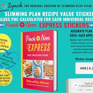 Puede incluir: Una pegatina azul y amarilla con el texto "Slim Synch" y "The Original Creator of Slimming Plan Value Stickers". La pegatina está al lado de un libro titulado "Pinch of Nom Express" con una imagen de una comida en la portada. El texto "Accurate Plan Values 2024+ Easy Application" está sobre un fondo azul. El texto "HEB [6]" está sobre un fondo blanco.
