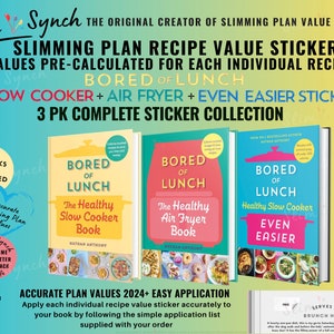 Puede incluir: Tres libros de cocina coloridos con el título "Bored of Lunch" en la portada. Los libros se titulan "The Healthy Slow Cooker Book", "The Healthy Air Fryer Book" y "Healthy Slow Cooker Even Easier". Los libros forman parte de una colección de pegatinas de 3 paquetes para planes de adelgazamiento.