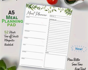 Modern A5 Weekly Meal Planning Pad| 52 Tear off Sheets|  Magnetic | Ideal for Healthy Eating Plans