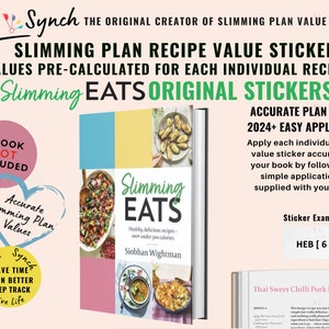 Puede incluir: Pegatinas de valor de recetas Slimming Eats con valores precalculados. Las pegatinas están diseñadas para una fácil aplicación y valores de plan precisos. La imagen incluye una portada de libro y ejemplos de pegatinas.