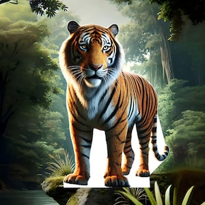 May include: A large orange and black tiger stands in a lush green forest. The tiger has bright blue eyes and a white stripe down its nose.