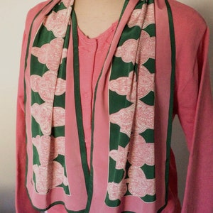 Pink and dark green long rectangular silk scarf by Vera Neumann