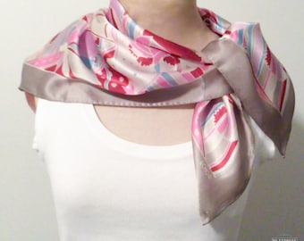 Vintage Echo Silk Scarf Pink Floral Geometric Square Pastel Silk Neck Scarf Retro 80s 90s