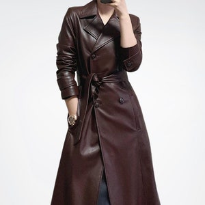 Elegant Women&#39;s Genuine Soft Leather Trench Coat, Brown Long Leather Duster for Women, Real Leather Overcoat for Women, Best Gift for Her