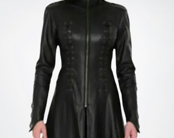 Women&#39;s Genuine Full Sleeve Long Gothic Leather Coat, Black Natural Leather Coat for Women, Floor Length Leather Maxi Coat, Gift for Her