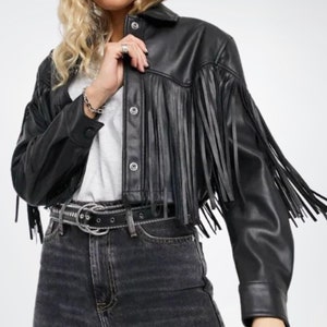 Women&#39;s Black Lambskin Leather Fringe Jacket, Women Fringed Moto Leather Jacket, Real Leather Fringe Jacket Women, 90s Retro Festival Jacket