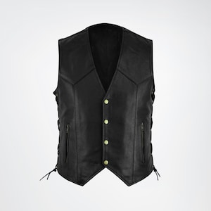 Men&#39;s Genuine Leather Biker Vest, 100% Genuine Black Leather Wasitcoat, Sheep/Cowhide Leather Vest, Casual Vest Gift For him
