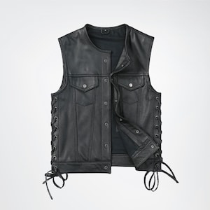 Men&#39;s Genuine Leather Biker Vest, 100% Genuine Black Leather Wasitcoat, Sheep/Cow Leather Vest, Casual Vest Gift For him