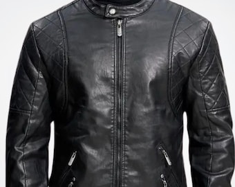 プレミアムメンズブラック本革キルティングファッションジャケット